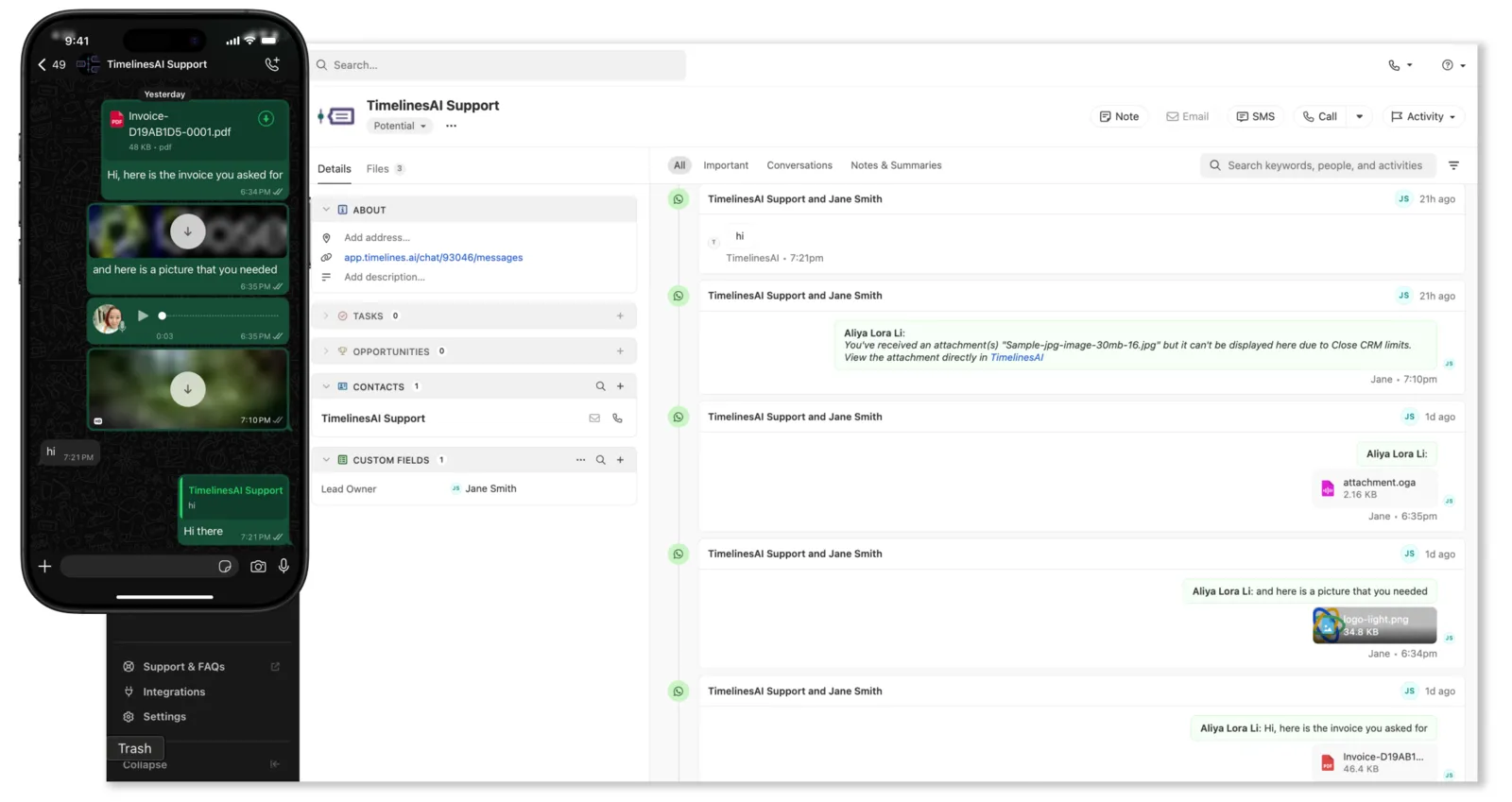 Close CRM lead timeline showing synced WhatsApp messages and attachments from TimelinesAI on desktop and mobile views.
