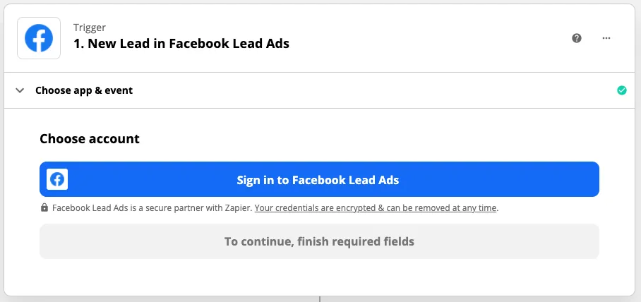 Zapier trigger panel showing Sign in to Facebook Lead Ads button to choose account.