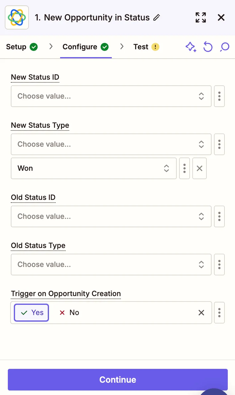 Zapier Configure step showing New Status Type set to Won and trigger options with Continue button.