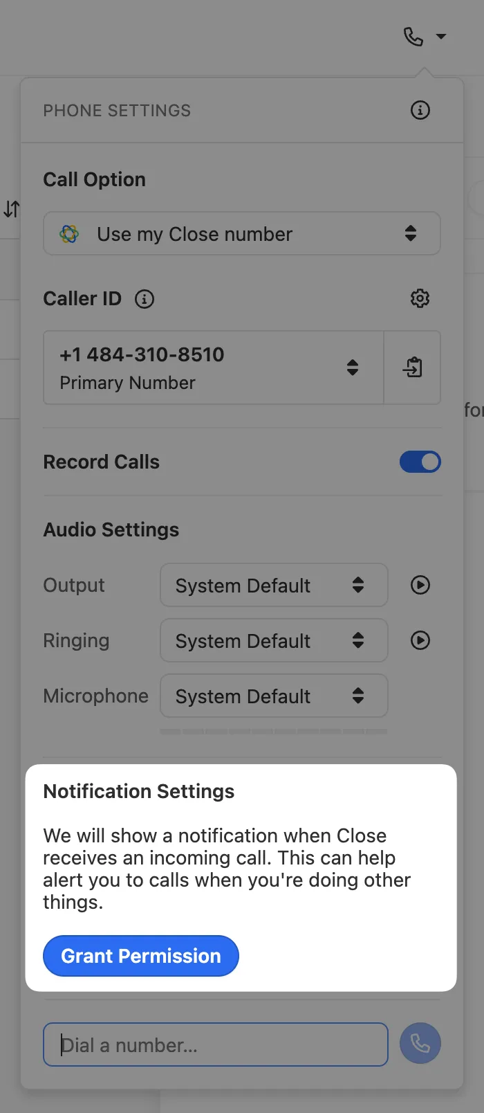 Phone settings popover showing a notification permission prompt with a Grant Permission button.