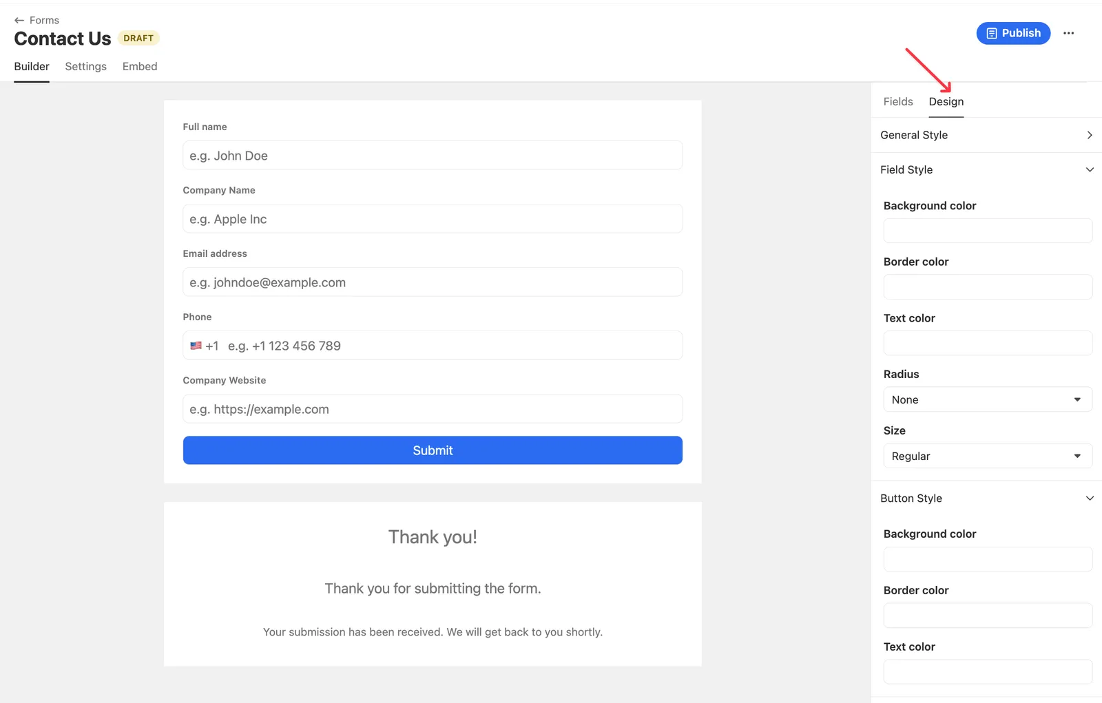 Contact form preview in the builder with the Design sidebar open showing style controls.