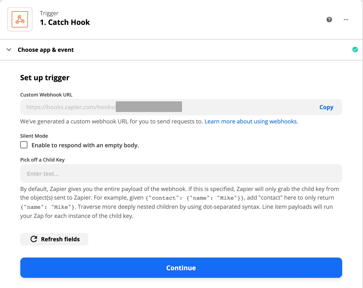 Zapier Catch Hook setup showing a custom webhook URL field with Copy button and trigger settings.