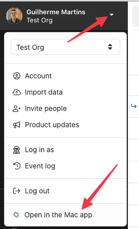 Account dropdown menu showing the 'Open in the Mac app' option highlighted.