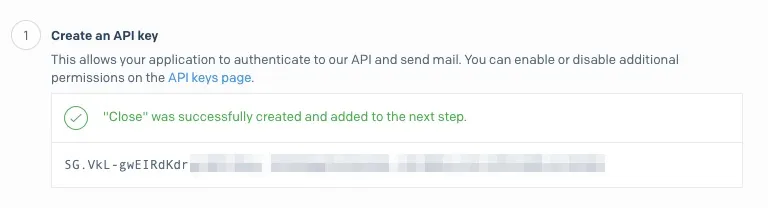 SendGrid confirmation showing API key created with masked key value and success message.