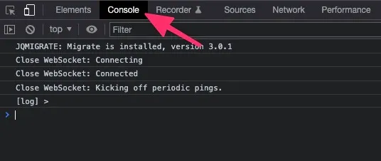 Browser developer tools open to the Console tab showing websocket log messages.