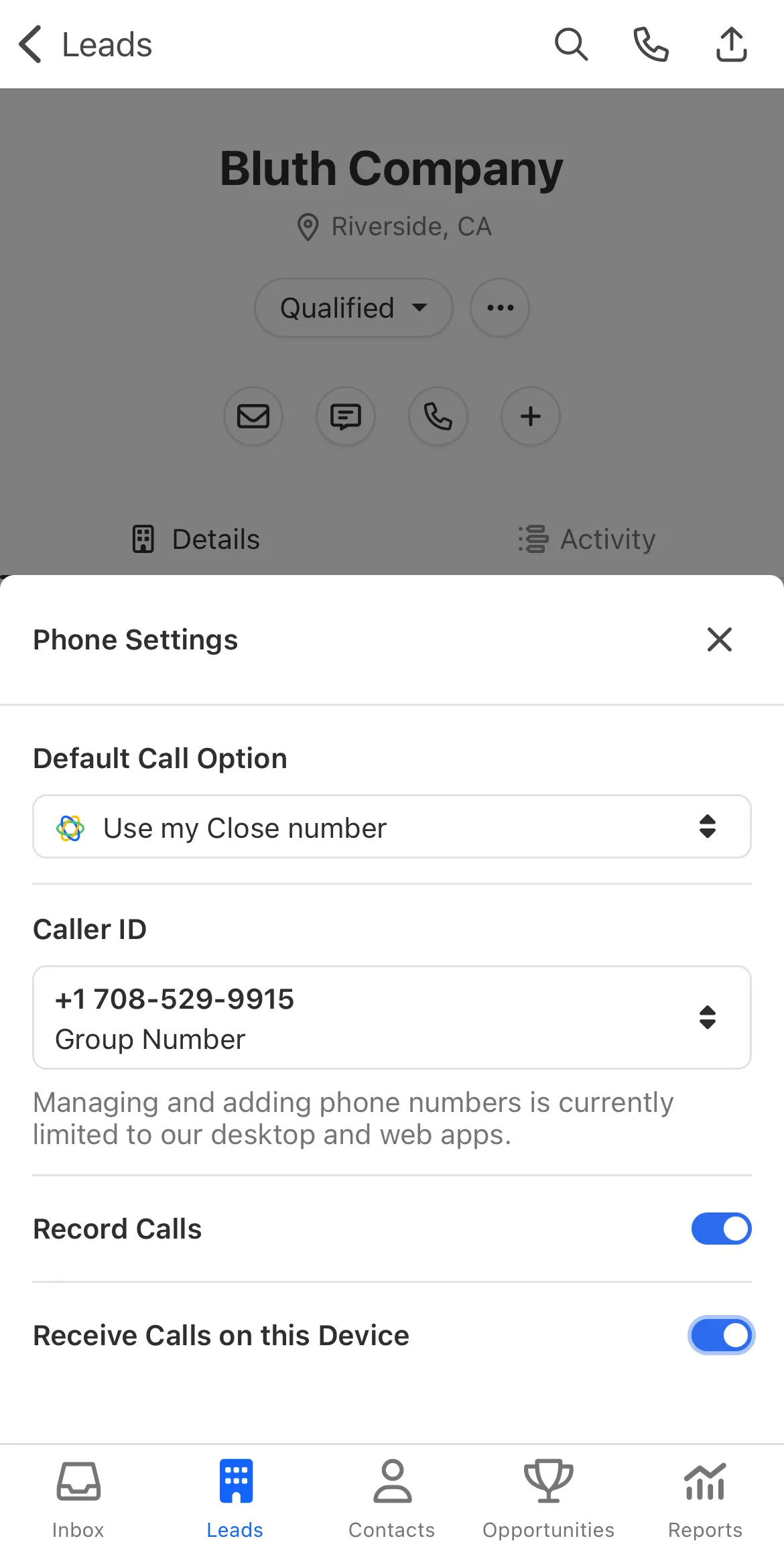 Close mobile app phone settings showing default call option, caller ID, and toggles to record and receive calls on device.