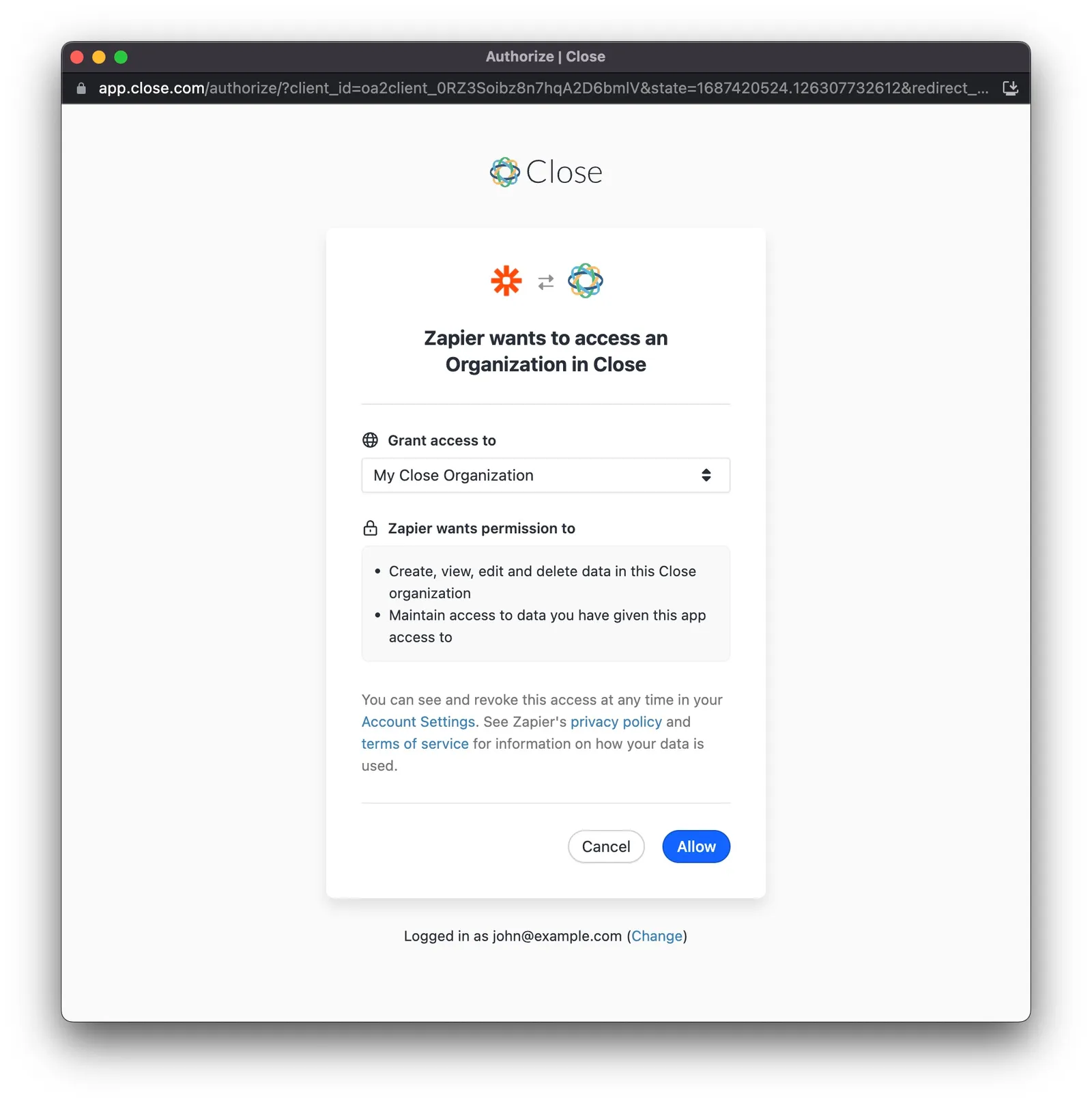Close OAuth consent screen asking to allow Zapier access to a Close organization.