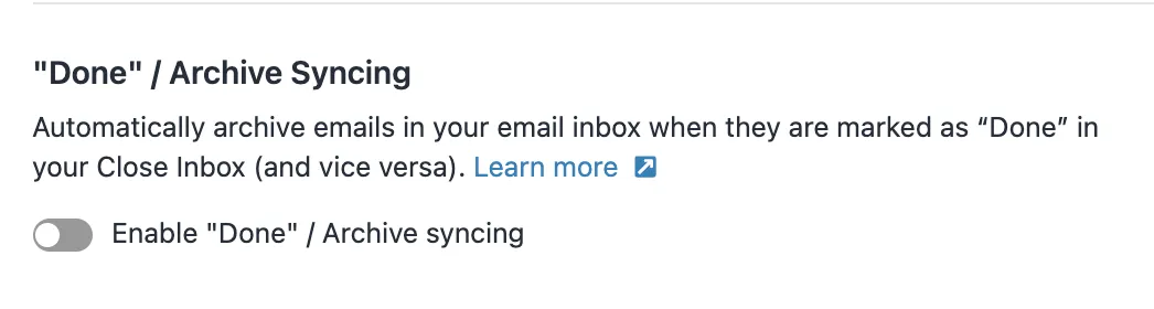 Settings option to enable Done/Archive email syncing with a toggle switch.