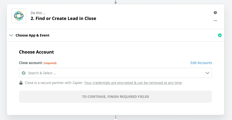 Zapier step showing Choose Account panel for finding or creating a Close lead with account dropdown.