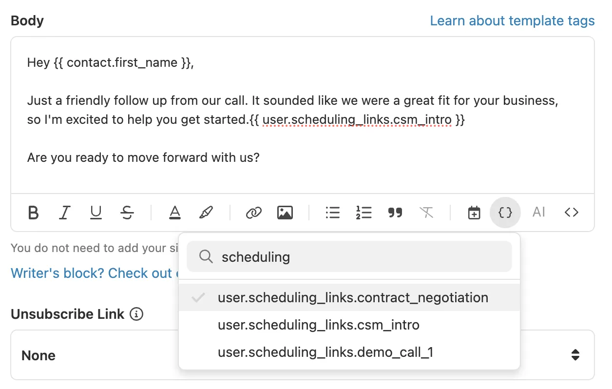 Email body editor showing a scheduling link template tag dropdown and inserted liquid tag.