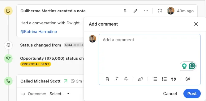 Lead activity panel showing a note with an open add comment dialog for replying to a note.