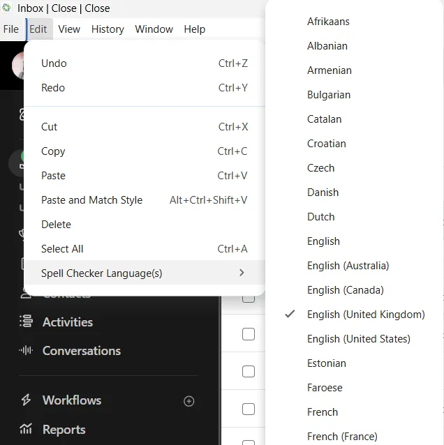Dropdown Edit menu showing Spell Checker Language(s) with a list of selectable languages.