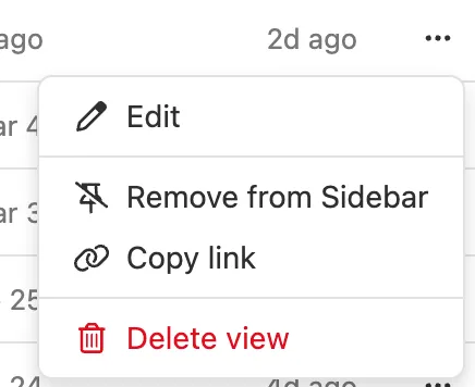 Dropdown menu showing Edit, Remove from Sidebar, Copy link, and Delete view options.
