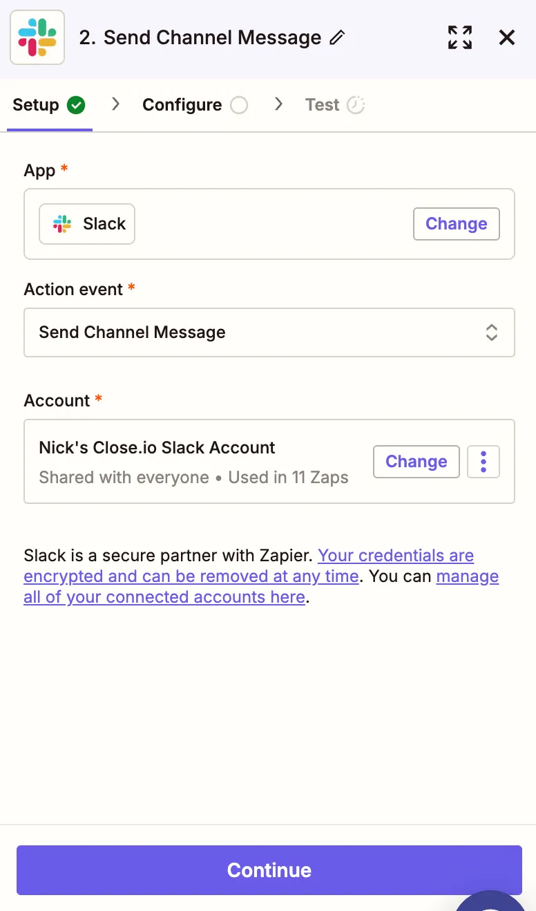 Zapier setup screen for Slack Send Channel Message action showing connected Slack account and Continue button.