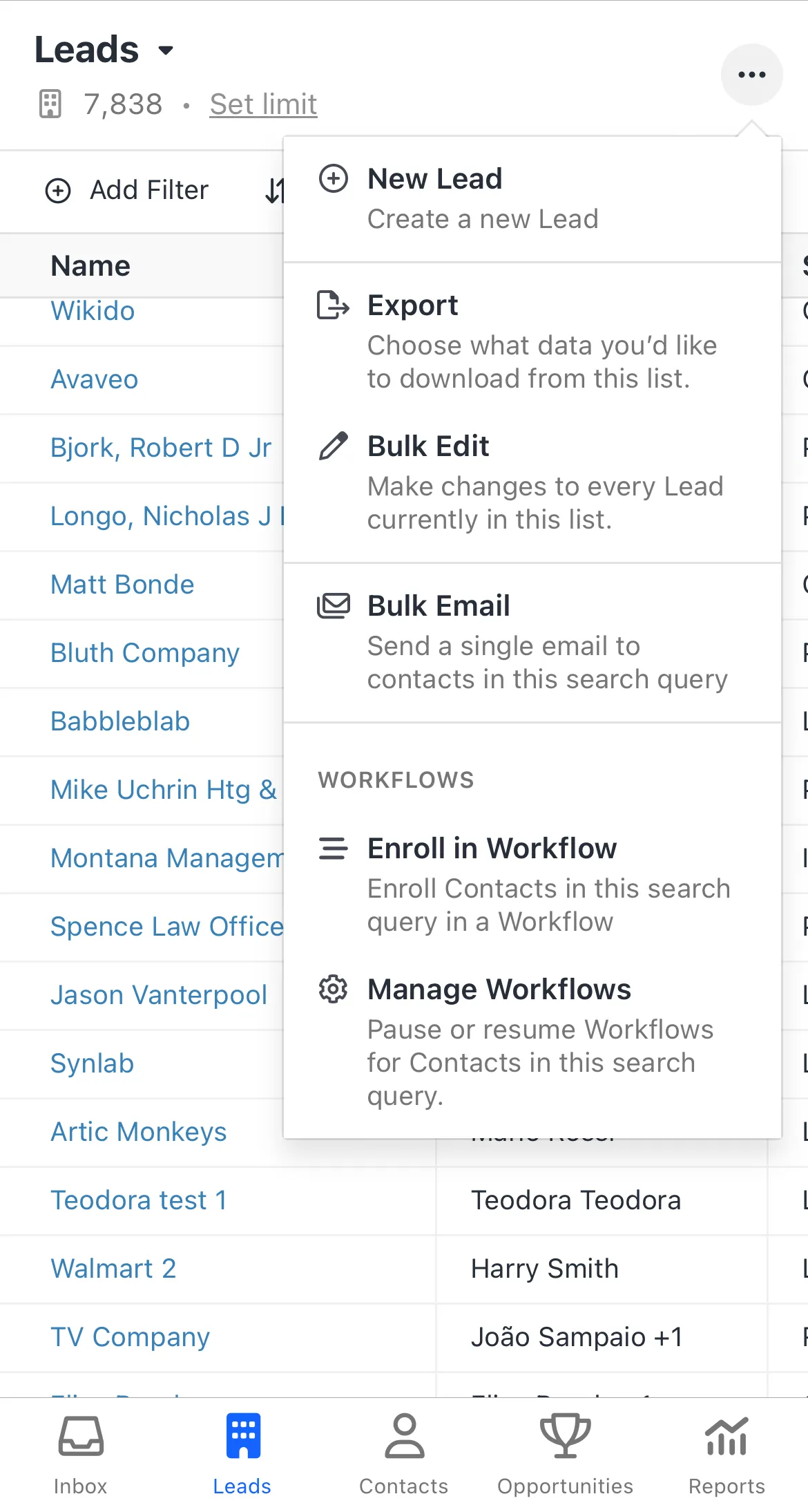 Leads list with a dropdown menu showing actions like New Lead, Export, Bulk Edit, and Workflows.