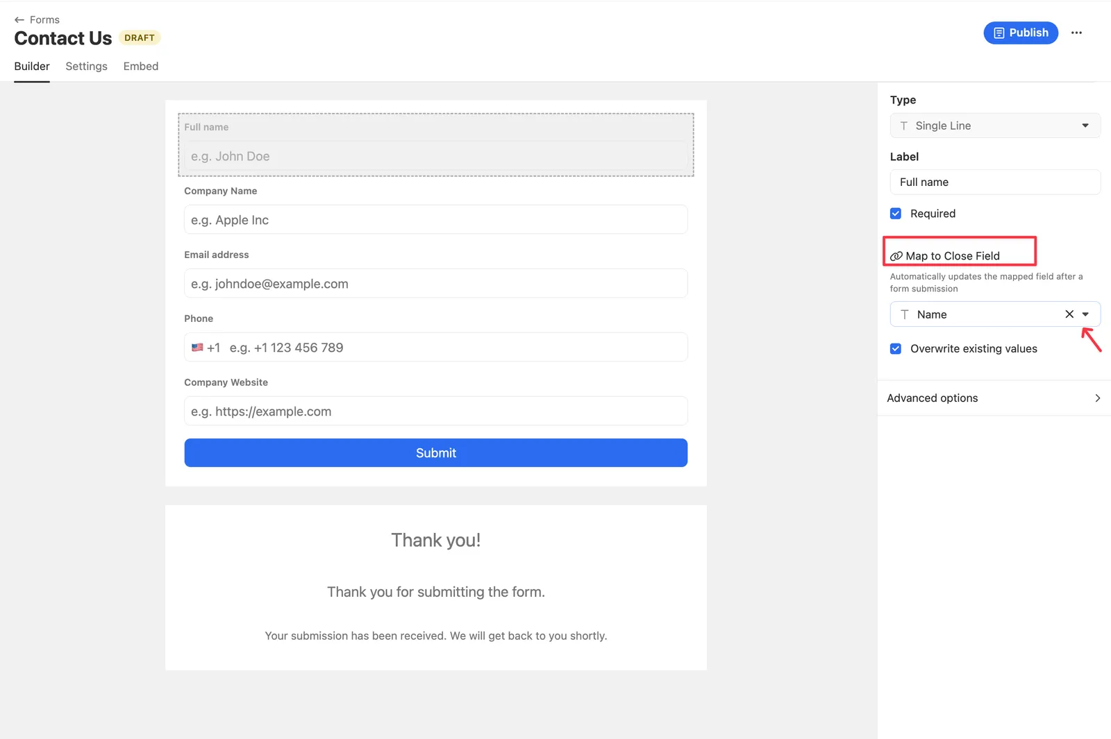Form builder preview showing fields and the right-side Map to Close Field mapping panel.