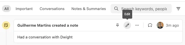 Lead activity panel showing a created note with edit and more options buttons.
