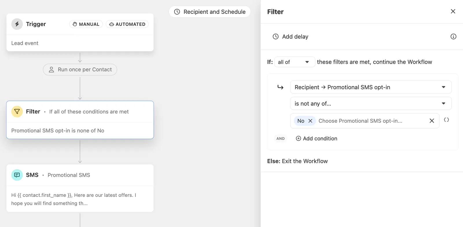 Workflow editor showing a filter for Promotional SMS opt-in before sending a promotional SMS.