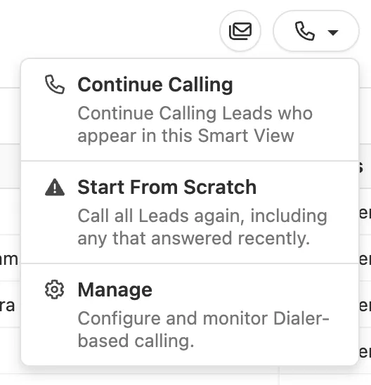 Dropdown menu showing Continue Calling, Start From Scratch, and Manage options for the Power Dialer.