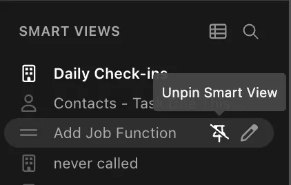 Left sidebar showing saved Smart Views list with icons and an Unpin Smart View tooltip.