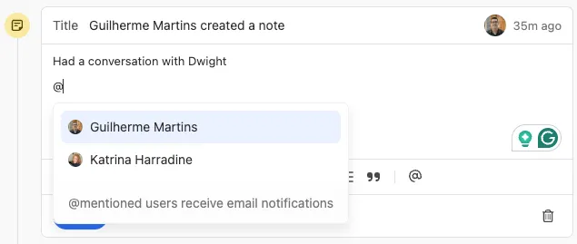 Note composer showing @ mention autocomplete list with user suggestions.