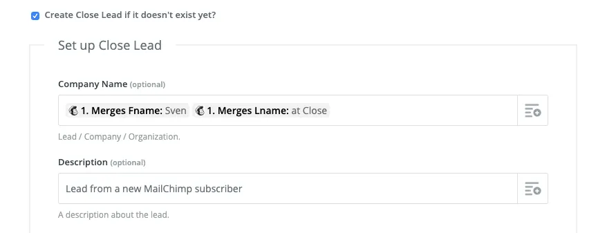Zapier setup showing Close lead fields for company name and description with Mailchimp merge data.