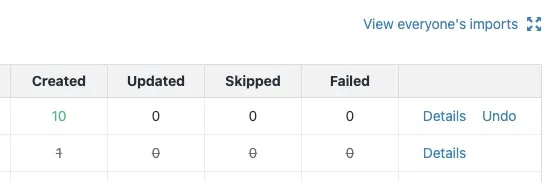 Import results table showing counts for Created, Updated, Skipped, and Failed with Details and Undo links.