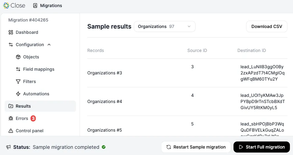 Import sample results table showing organizations with source and destination IDs and migration status controls.