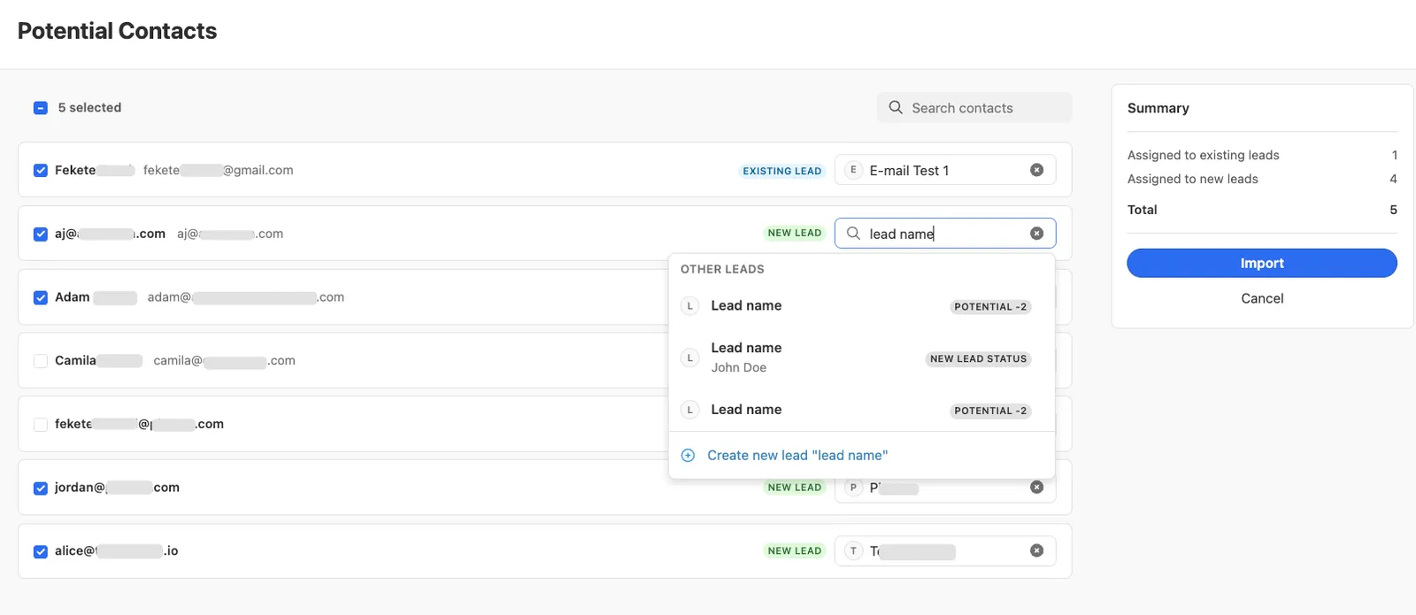 Potential Contacts list with selectable contacts, lead assignment dropdown, and import summary panel.