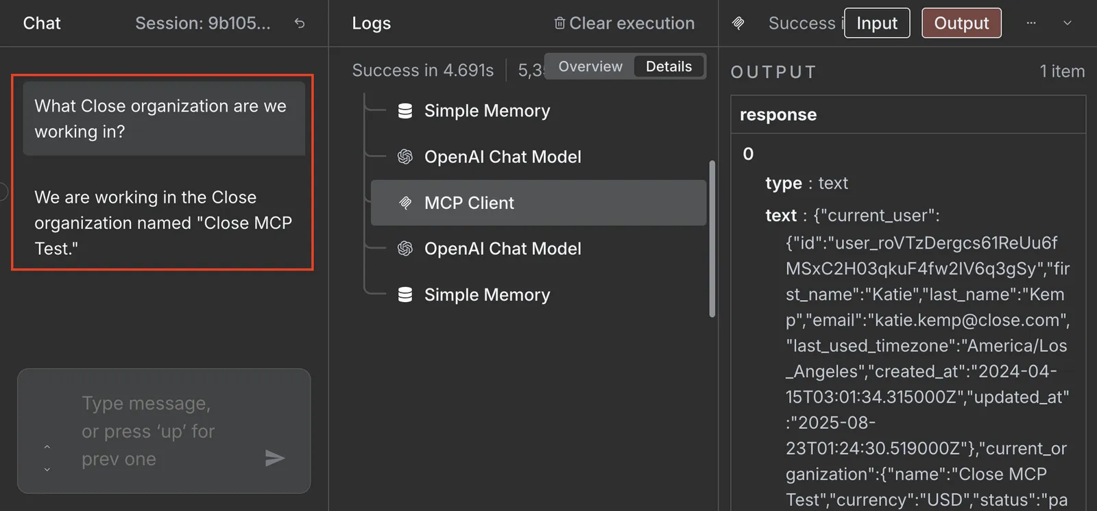 Chat UI showing an MCP client response with organization name and JSON output details.