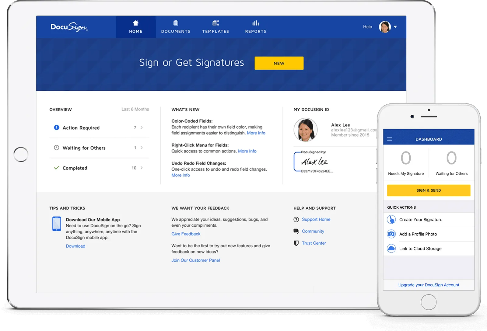 Tablet and phone view of the DocuSign dashboard showing sign/send options and account overview.