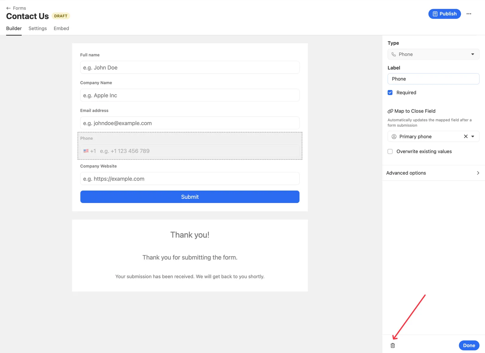 Form builder interface showing contact fields, phone mapping, and submit preview.