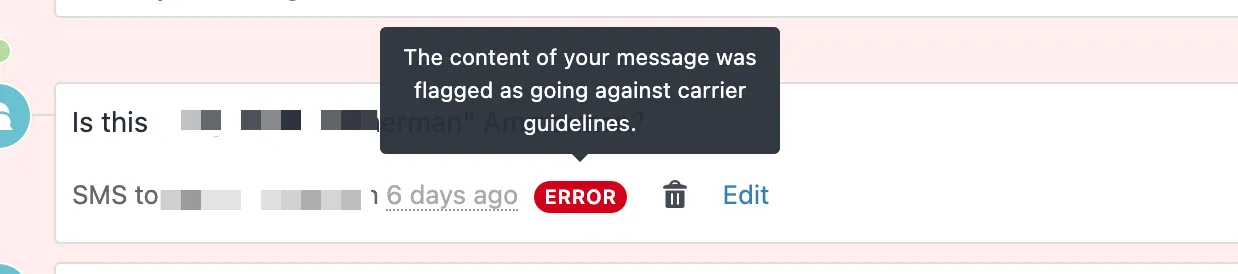 In-app SMS thread showing an ERROR badge with tooltip about carrier guideline violation.
