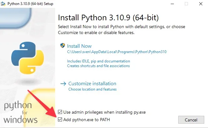 Python 3.10 installer window showing 'Add python.exe to PATH' and admin privileges checkboxes.