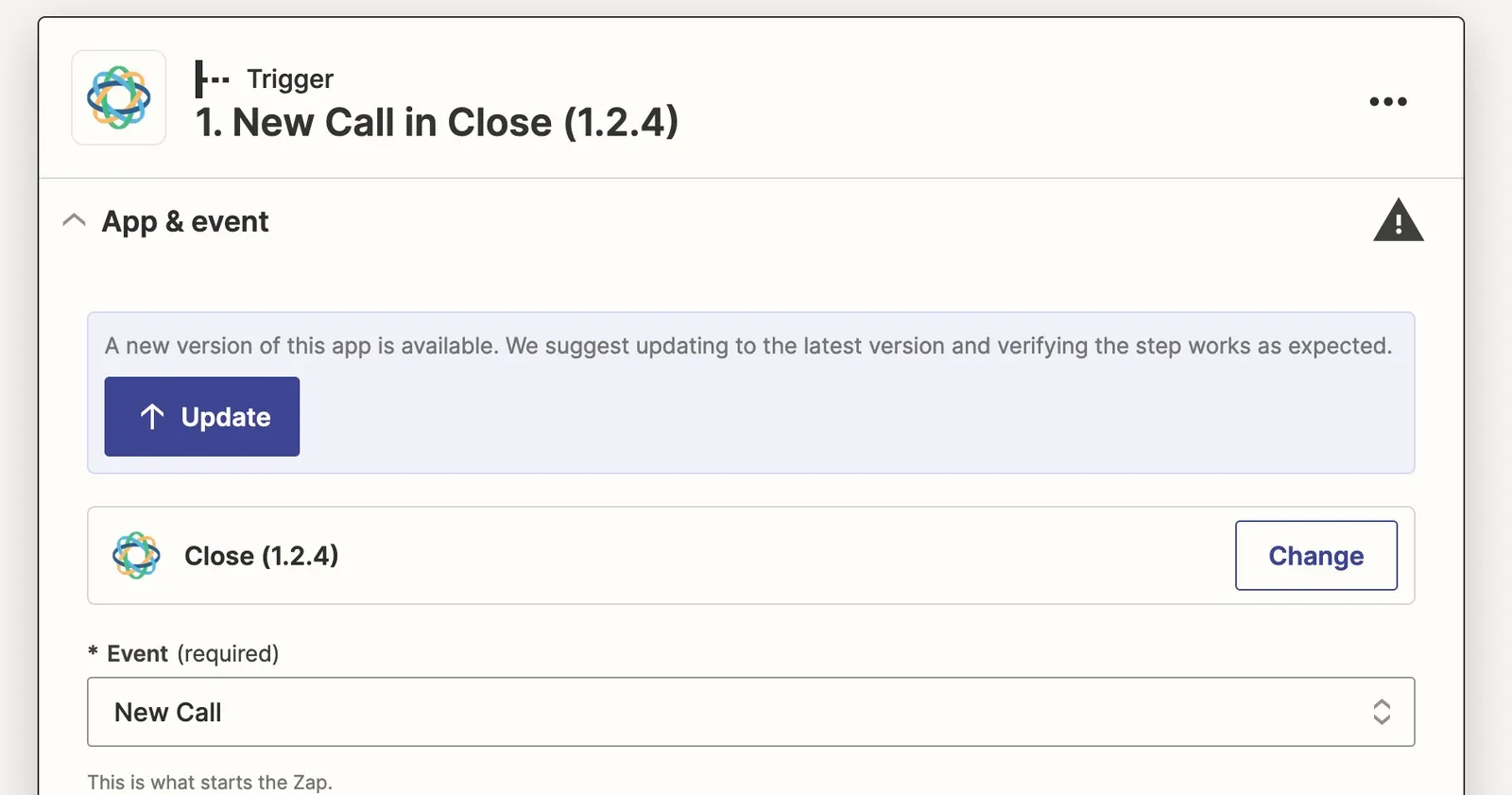 Zapier trigger step showing legacy Close (1.2.4) with an Update prompt and Change account button.