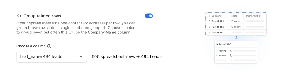 Lead Importer option to group spreadsheet rows into single leads by selecting a column.