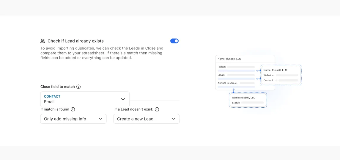 Lead Importer options showing comparison field, match actions, and create or skip lead settings.