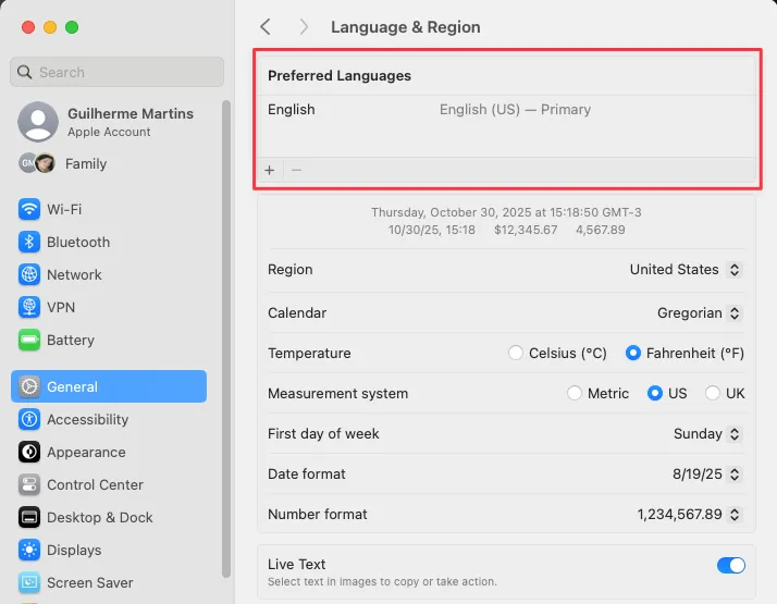 macOS System Preferences Language & Region pane showing English as primary preferred language and regional settings.