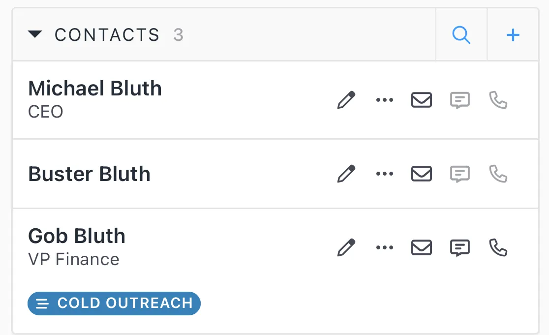 Mobile app contacts list showing three leads with action icons and a Cold Outreach tag