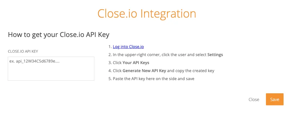 Close.io integration page showing instructions and a field to paste the Close API key with a Save button.