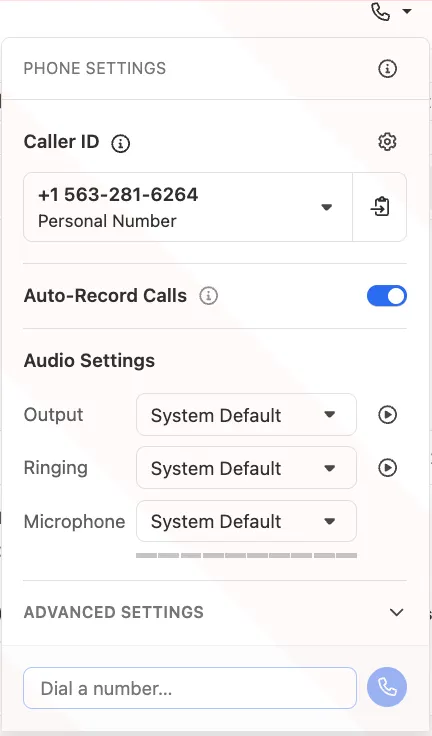 Phone settings popover showing caller ID, auto-record toggle, and audio output/ringing/microphone selectors.