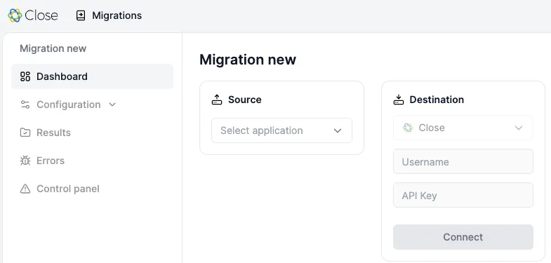 Lead importer migration dashboard showing source selector and Close destination with username and API key fields.