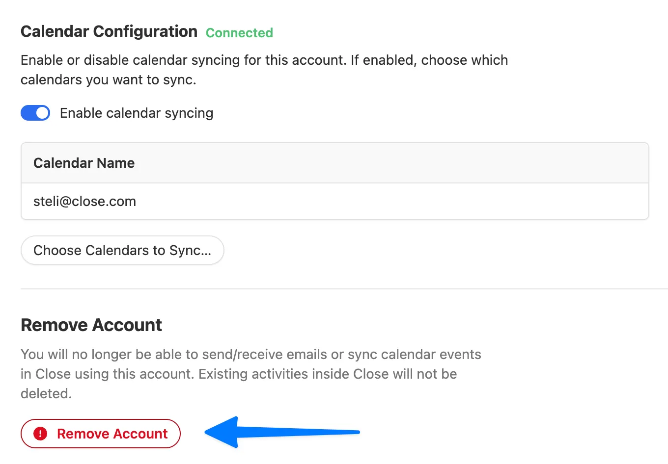 Settings panel showing calendar syncing enabled and a Remove Account button with arrow.
