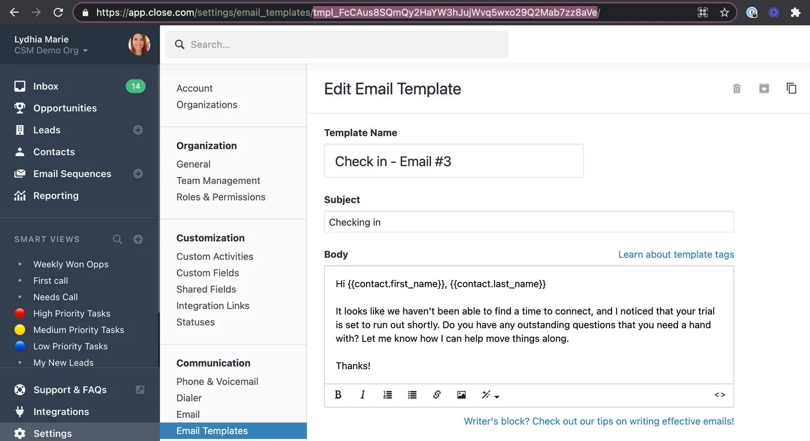 Edit Email Template screen showing template name, subject, body, and the template ID in the browser URL.