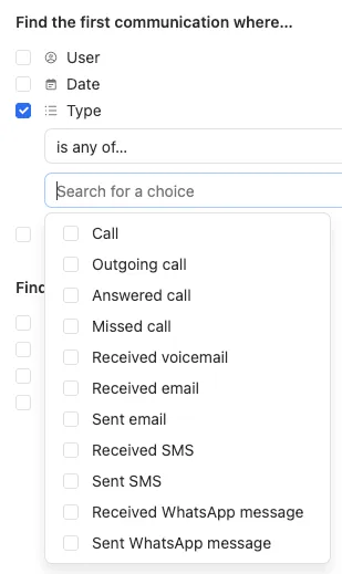 Dropdown menu showing communication type options including Received WhatsApp message.