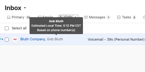 Inbox list showing a voicemail item with a tooltip displaying contact name and estimated local time.