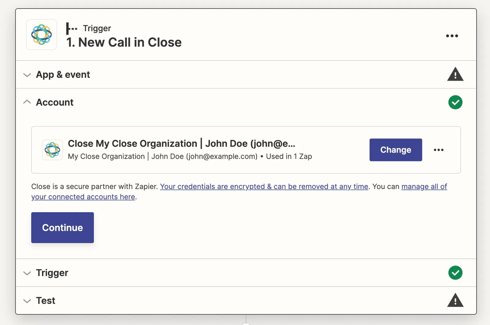 Zapier trigger panel showing a connected Close account with Change button and Continue action.