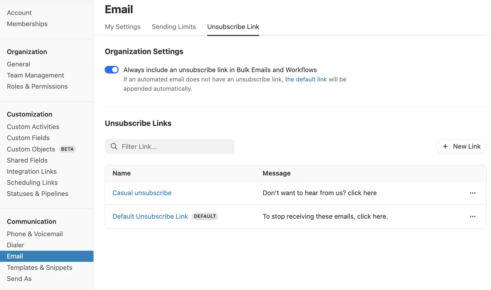Email settings page showing unsubscribe link toggle and list of unsubscribe messages.
