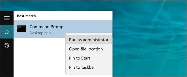 Windows Start menu showing Command Prompt context menu with Run as administrator option.