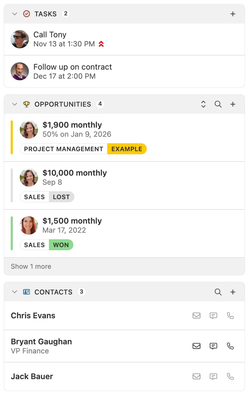 Sidebar panels showing Tasks, Opportunities with deal amounts and tags, and Contacts list with action icons.